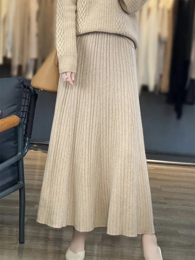 Grace Women's Wool Skirt Autumn Winter 100% Merino Wool Knitted Long Pleated Skirts High Waist A-Line Cashmere Comfortable Dress