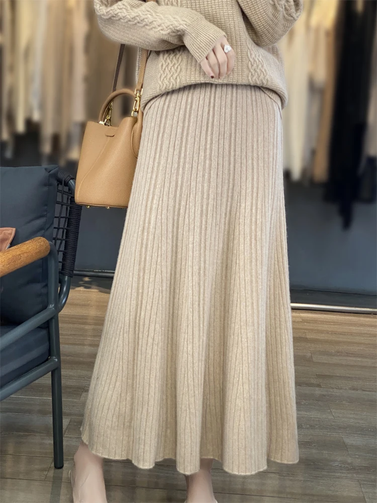 Grace Women's Wool Skirt Autumn Winter 100% Merino Wool Knitted Long Pleated Skirts High Waist A-Line Cashmere Comfortable Dress
