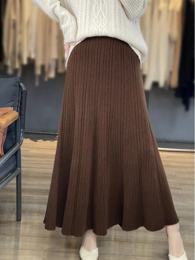 Grace Women's Wool Skirt Autumn Winter 100% Merino Wool Knitted Long Pleated Skirts High Waist A-Line Cashmere Comfortable Dress