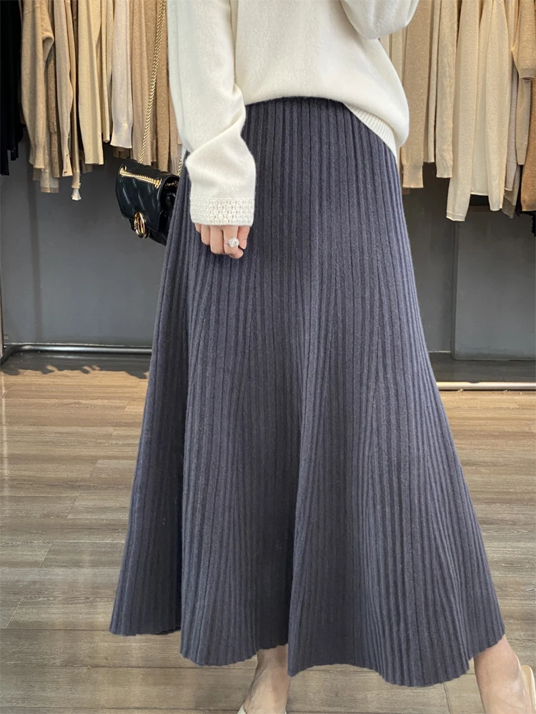 Grace Women's Wool Skirt Autumn Winter 100% Merino Wool Knitted Long Pleated Skirts High Waist A-Line Cashmere Comfortable Dress