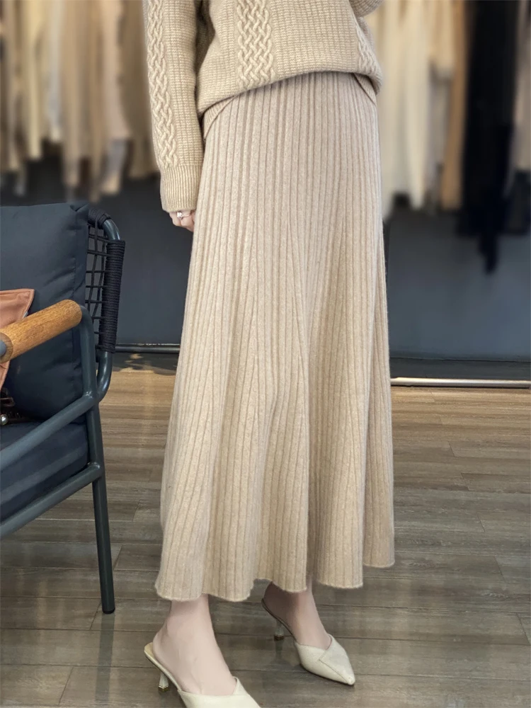 Grace Women's Wool Skirt Autumn Winter 100% Merino Wool Knitted Long Pleated Skirts High Waist A-Line Cashmere Comfortable Dress