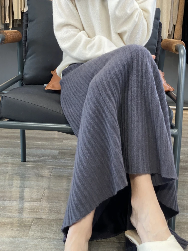 Grace Women's Wool Skirt Autumn Winter 100% Merino Wool Knitted Long Pleated Skirts High Waist A-Line Cashmere Comfortable Dress