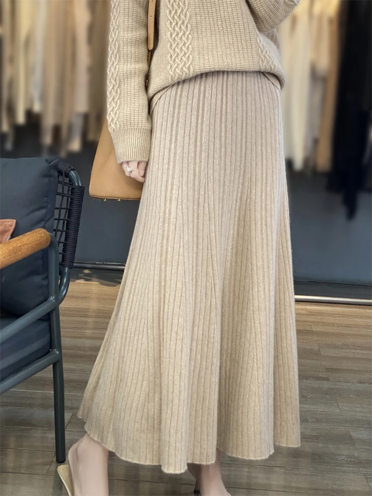 Grace Women's Wool Skirt Autumn Winter 100% Merino Wool Knitted Long Pleated Skirts High Waist A-Line Cashmere Comfortable Dress
