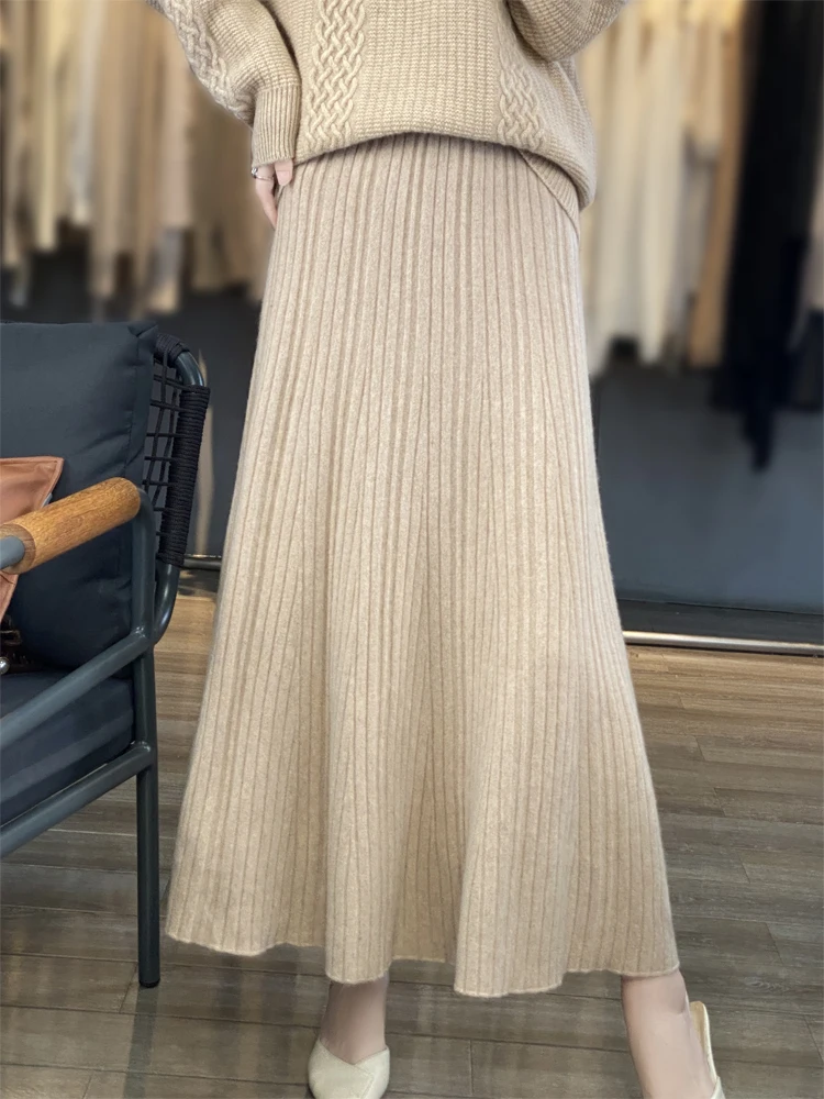 Grace Women's Wool Skirt Autumn Winter 100% Merino Wool Knitted Long Pleated Skirts High Waist A-Line Cashmere Comfortable Dress