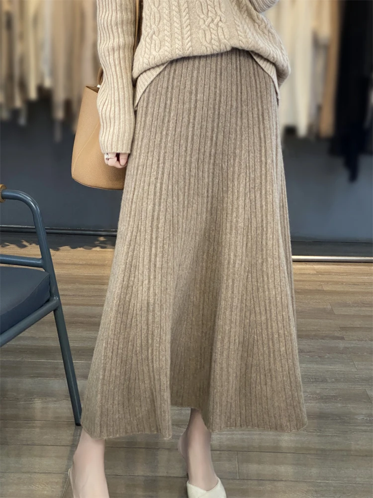 Grace Women's Wool Skirt Autumn Winter 100% Merino Wool Knitted Long Pleated Skirts High Waist A-Line Cashmere Comfortable Dress