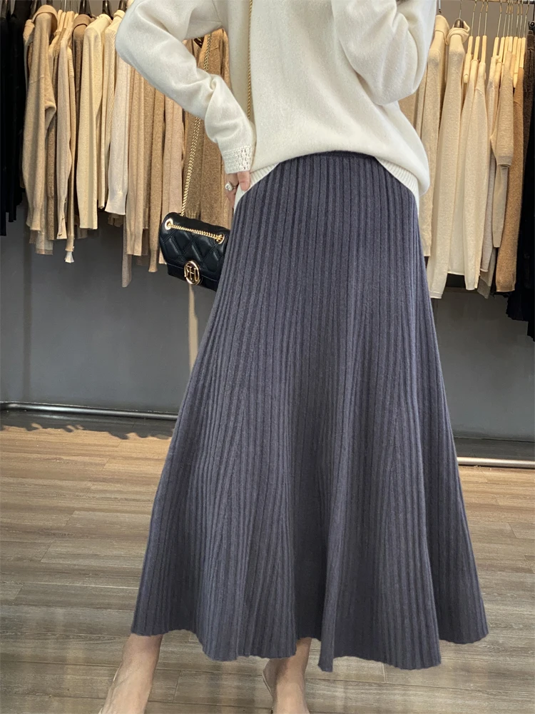 Grace Women's Wool Skirt Autumn Winter 100% Merino Wool Knitted Long Pleated Skirts High Waist A-Line Cashmere Comfortable Dress