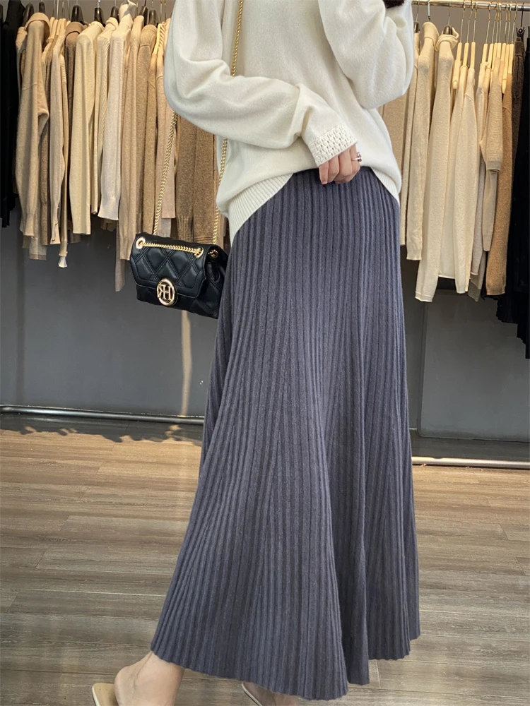 Grace Women's Wool Skirt Autumn Winter 100% Merino Wool Knitted Long Pleated Skirts High Waist A-Line Cashmere Comfortable Dress