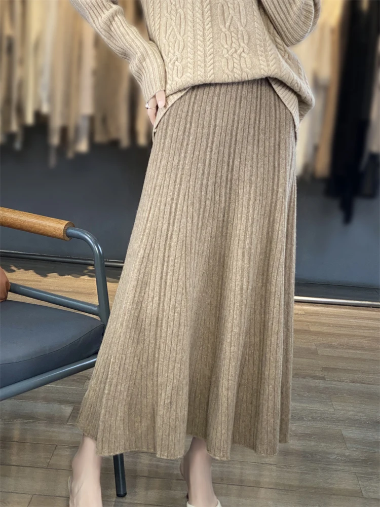 Grace Women's Wool Skirt Autumn Winter 100% Merino Wool Knitted Long Pleated Skirts High Waist A-Line Cashmere Comfortable Dress