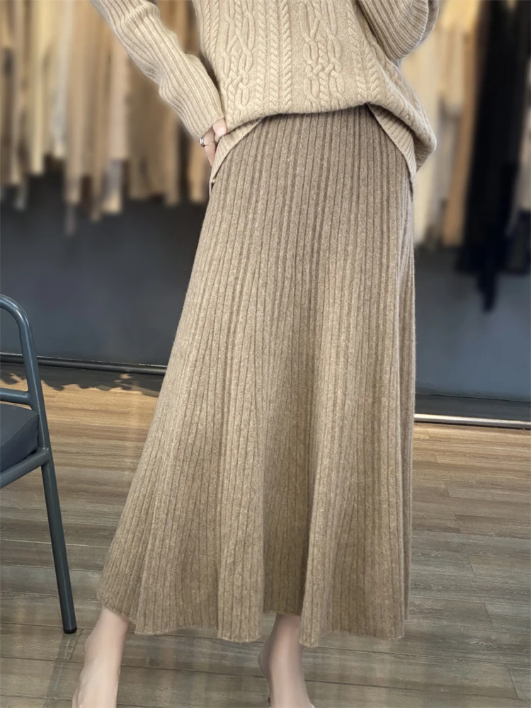 Grace Women's Wool Skirt Autumn Winter 100% Merino Wool Knitted Long Pleated Skirts High Waist A-Line Cashmere Comfortable Dress