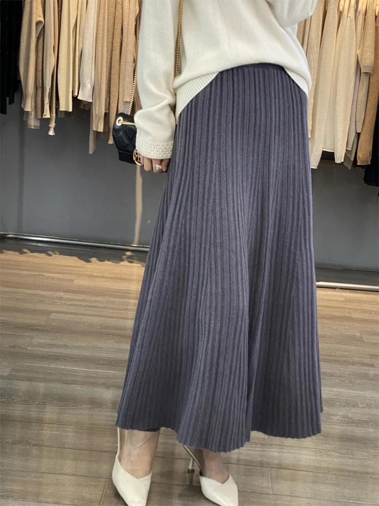 Grace Women's Wool Skirt Autumn Winter 100% Merino Wool Knitted Long Pleated Skirts High Waist A-Line Cashmere Comfortable Dress