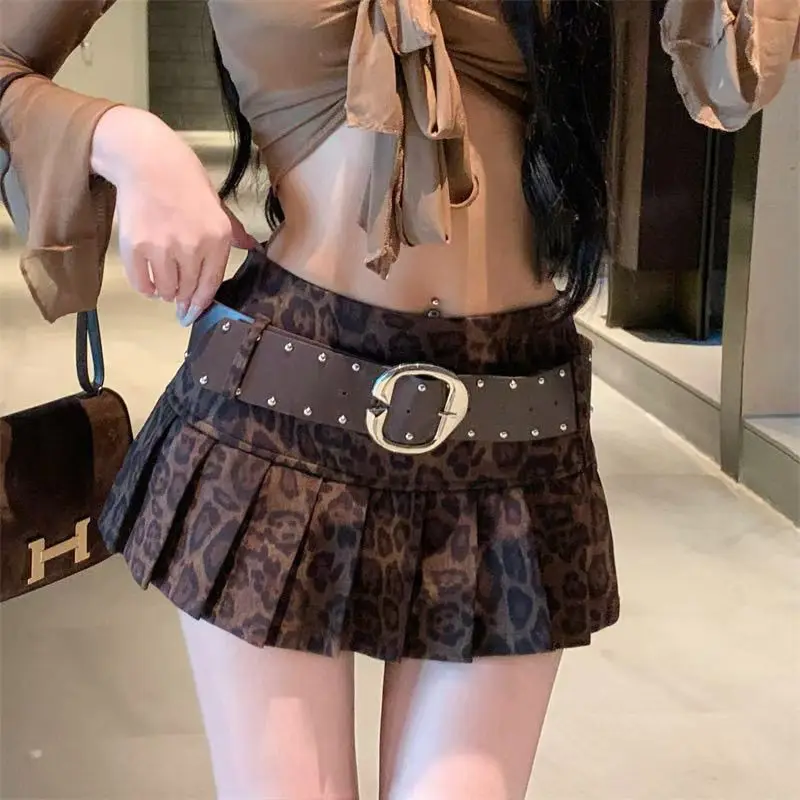 Aesthetic Leopard Print High-waist Short Skirt Women's Y2k Sexy Hot Girl New Slim Pleated Skirts High Street Retro A-line Skirt