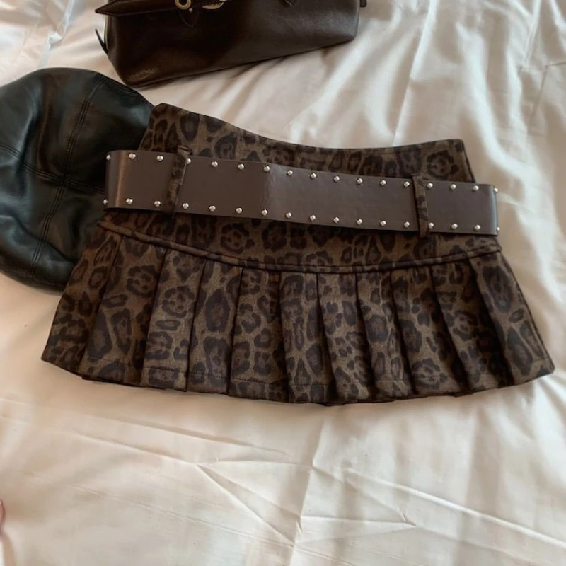 Aesthetic Leopard Print High-waist Short Skirt Women's Y2k Sexy Hot Girl New Slim Pleated Skirts High Street Retro A-line Skirt
