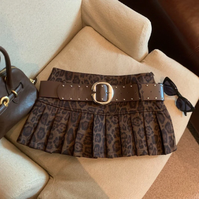Aesthetic Leopard Print High-waist Short Skirt Women's Y2k Sexy Hot Girl New Slim Pleated Skirts High Street Retro A-line Skirt