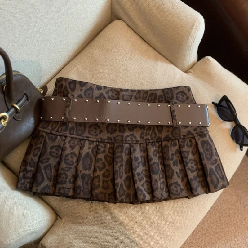 Aesthetic Leopard Print High-waist Short Skirt Women's Y2k Sexy Hot Girl New Slim Pleated Skirts High Street Retro A-line Skirt