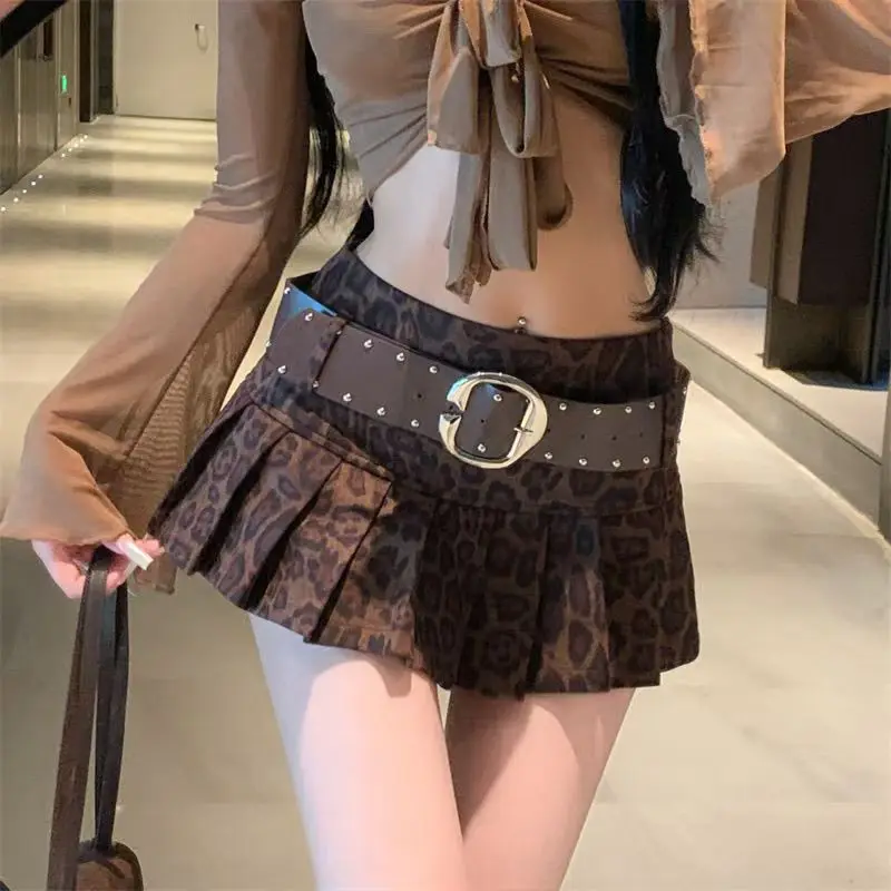 Aesthetic Leopard Print High-waist Short Skirt Women's Y2k Sexy Hot Girl New Slim Pleated Skirts High Street Retro A-line Skirt