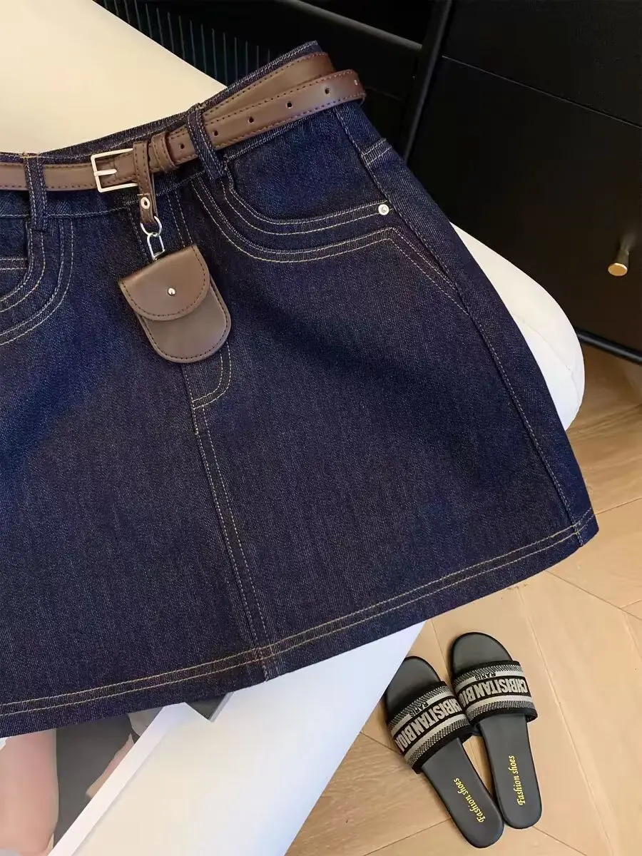 Vintage/Dark/Blue/Denim/A-Line/Mini/Skirt/Summer/High/Waist/Casual/Y2k/Streetwear/Jean/Short/Skirt