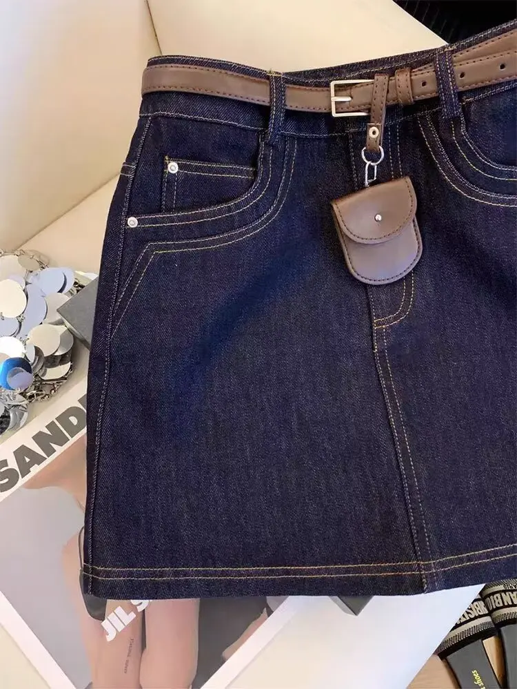 Vintage/Dark/Blue/Denim/A-Line/Mini/Skirt/Summer/High/Waist/Casual/Y2k/Streetwear/Jean/Short/Skirt