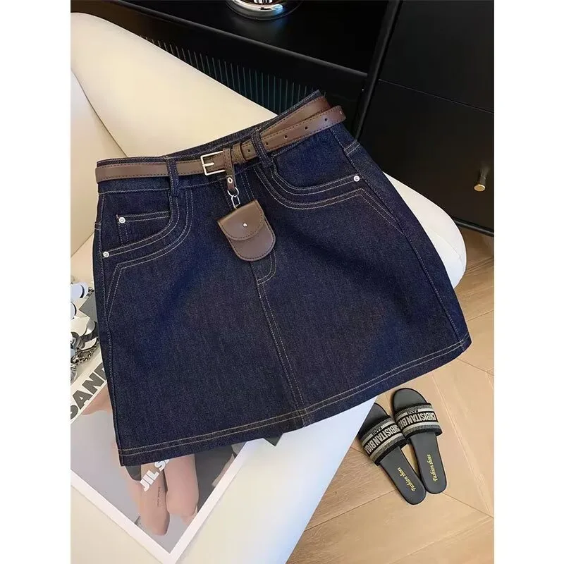 Vintage/Dark/Blue/Denim/A-Line/Mini/Skirt/Summer/High/Waist/Casual/Y2k/Streetwear/Jean/Short/Skirt