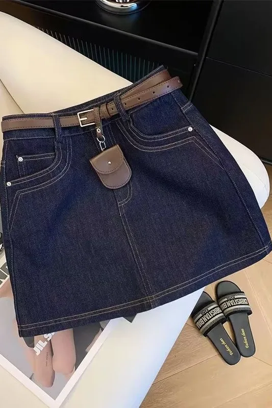 Vintage/Dark/Blue/Denim/A-Line/Mini/Skirt/Summer/High/Waist/Casual/Y2k/Streetwear/Jean/Short/Skirt