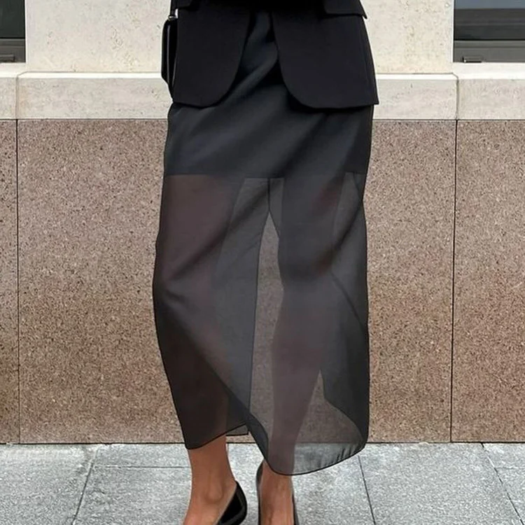 Mueyaruho 2025 Women Sexy Midi Mesh Skirts Spring Summer Solid Black High Waist  See Through Slim Fit Pencil Skirt For Women