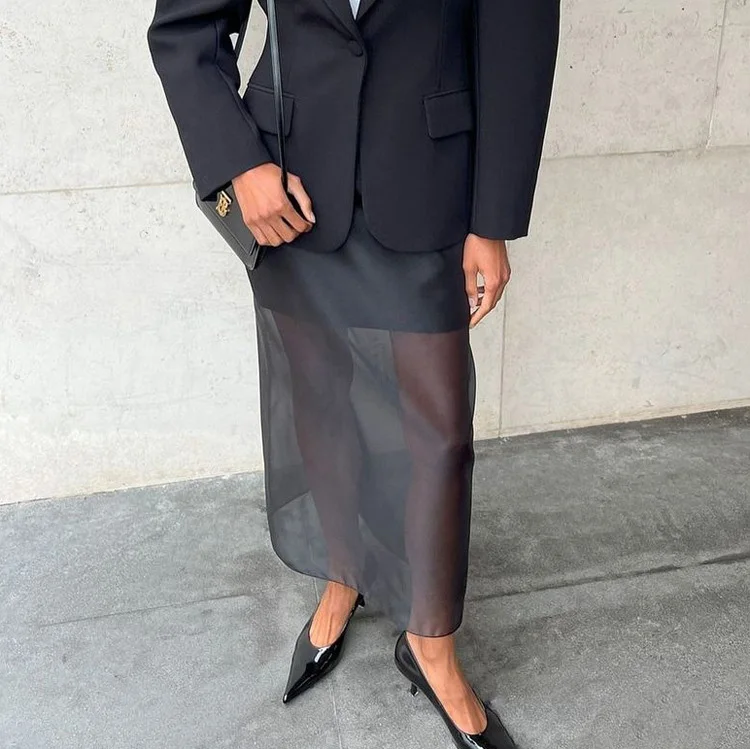 Mueyaruho 2025 Women Sexy Midi Mesh Skirts Spring Summer Solid Black High Waist  See Through Slim Fit Pencil Skirt For Women