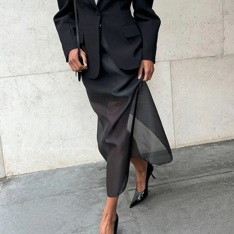 Mueyaruho 2025 Women Sexy Midi Mesh Skirts Spring Summer Solid Black High Waist  See Through Slim Fit Pencil Skirt For Women