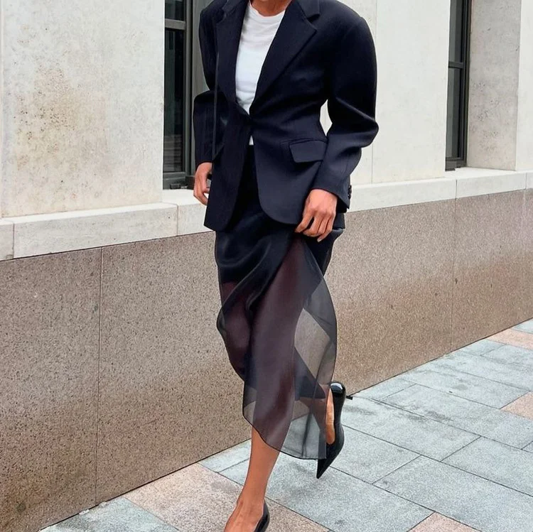 Mueyaruho 2025 Women Sexy Midi Mesh Skirts Spring Summer Solid Black High Waist  See Through Slim Fit Pencil Skirt For Women