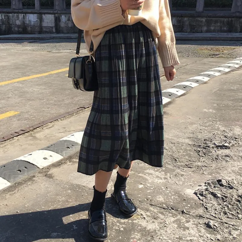 Vintage Wool Pleated Plaid Skirt Women High Waist Plus Size Long Skirt 2022 Autumn Winter Harajuku Female Party Skirt Streetwear