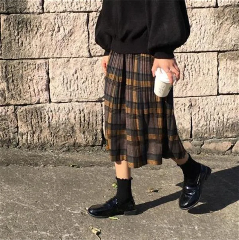 Vintage Wool Pleated Plaid Skirt Women High Waist Plus Size Long Skirt 2022 Autumn Winter Harajuku Female Party Skirt Streetwear