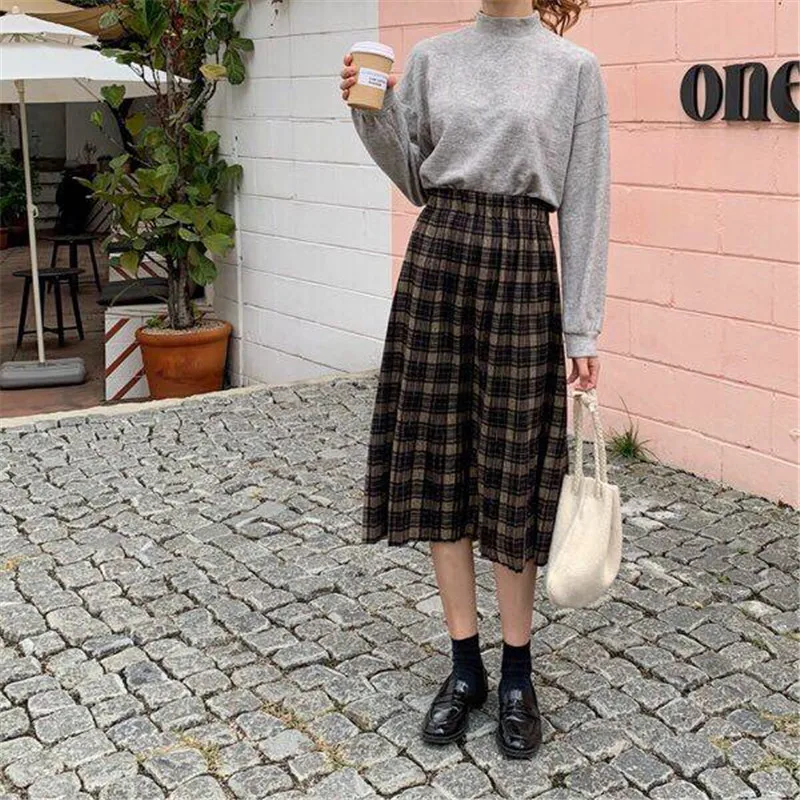 Vintage Wool Pleated Plaid Skirt Women High Waist Plus Size Long Skirt 2022 Autumn Winter Harajuku Female Party Skirt Streetwear