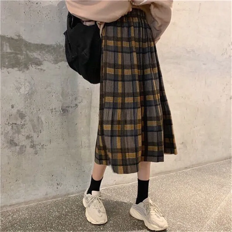 Vintage Wool Pleated Plaid Skirt Women High Waist Plus Size Long Skirt 2022 Autumn Winter Harajuku Female Party Skirt Streetwear