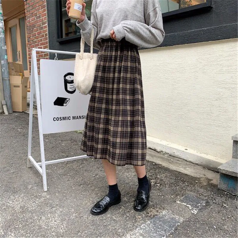 Vintage Wool Pleated Plaid Skirt Women High Waist Plus Size Long Skirt 2022 Autumn Winter Harajuku Female Party Skirt Streetwear