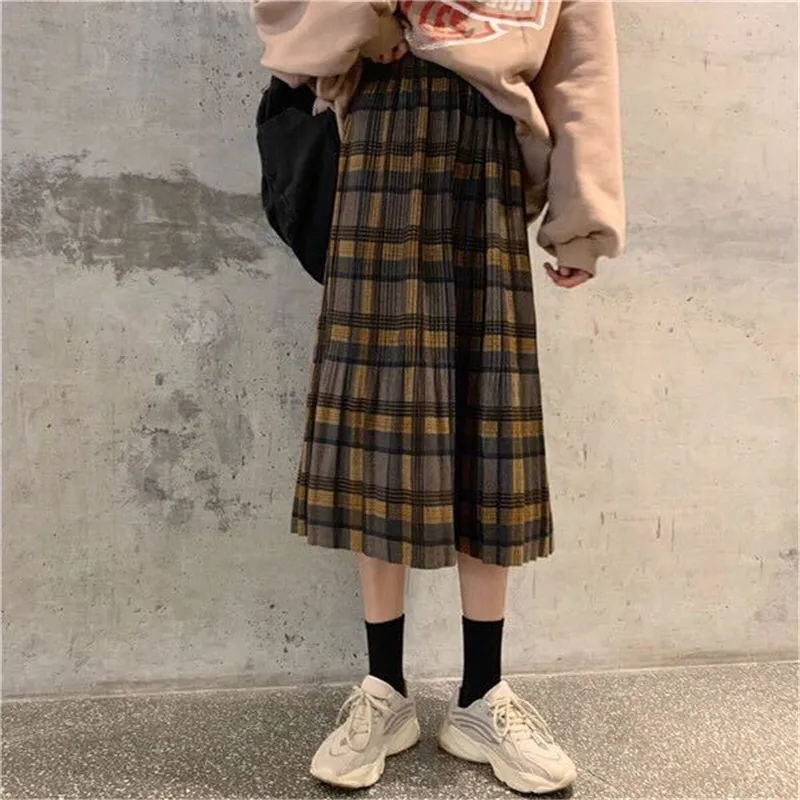 Vintage Wool Pleated Plaid Skirt Women High Waist Plus Size Long Skirt 2022 Autumn Winter Harajuku Female Party Skirt Streetwear