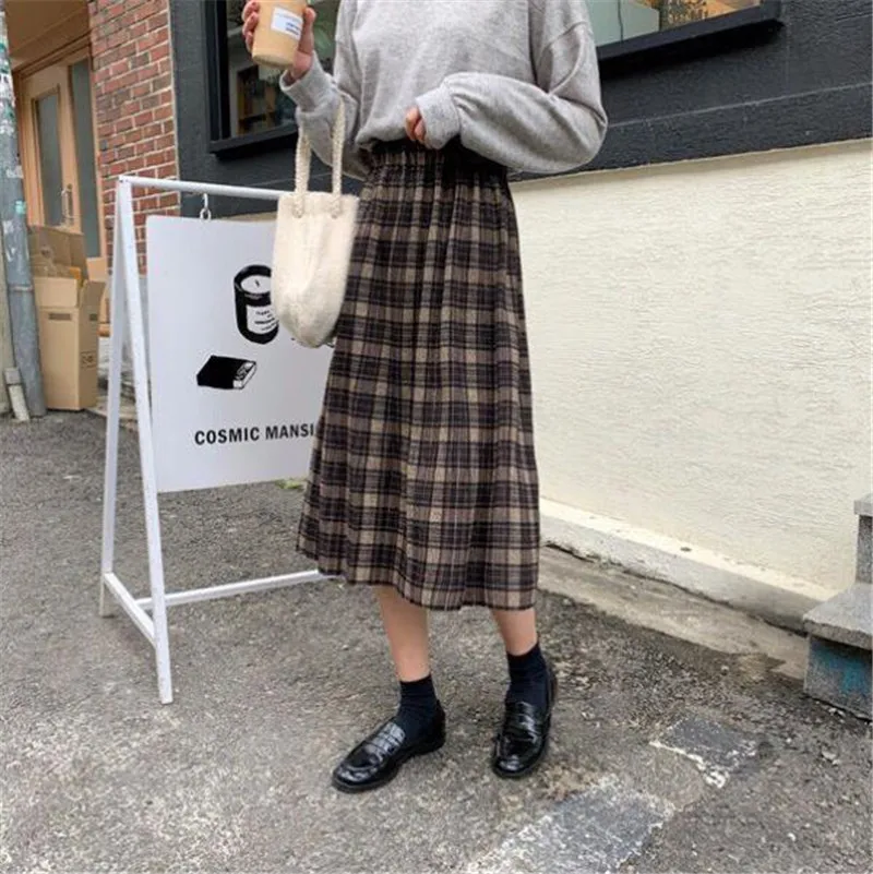 Vintage Wool Pleated Plaid Skirt Women High Waist Plus Size Long Skirt 2022 Autumn Winter Harajuku Female Party Skirt Streetwear