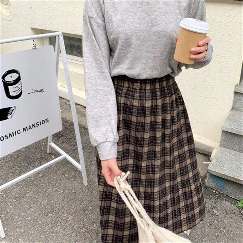 Vintage Wool Pleated Plaid Skirt Women High Waist Plus Size Long Skirt 2022 Autumn Winter Harajuku Female Party Skirt Streetwear