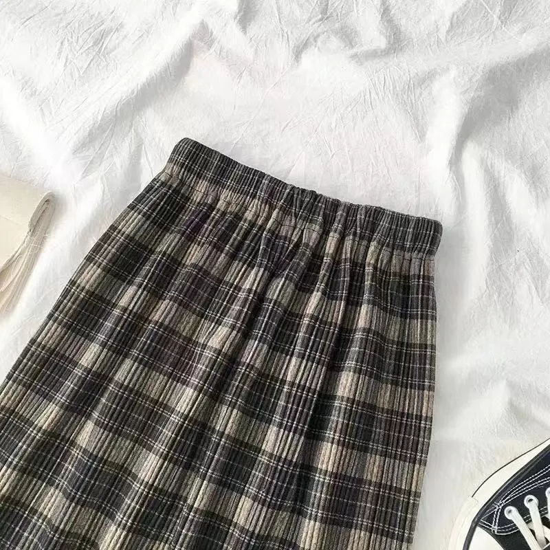 Vintage Wool Pleated Plaid Skirt Women High Waist Plus Size Long Skirt 2022 Autumn Winter Harajuku Female Party Skirt Streetwear