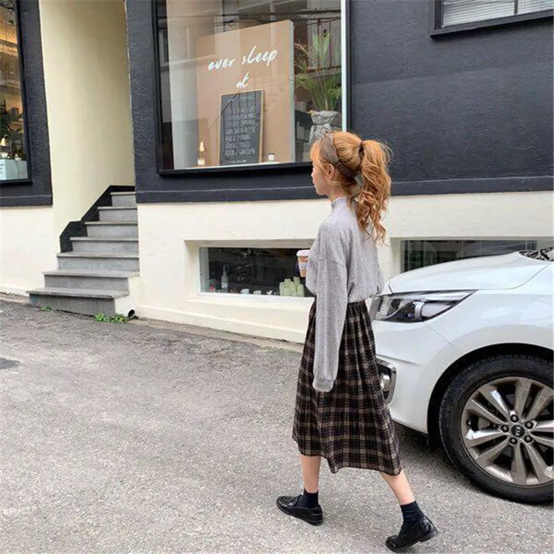 Vintage Wool Pleated Plaid Skirt Women High Waist Plus Size Long Skirt 2022 Autumn Winter Harajuku Female Party Skirt Streetwear