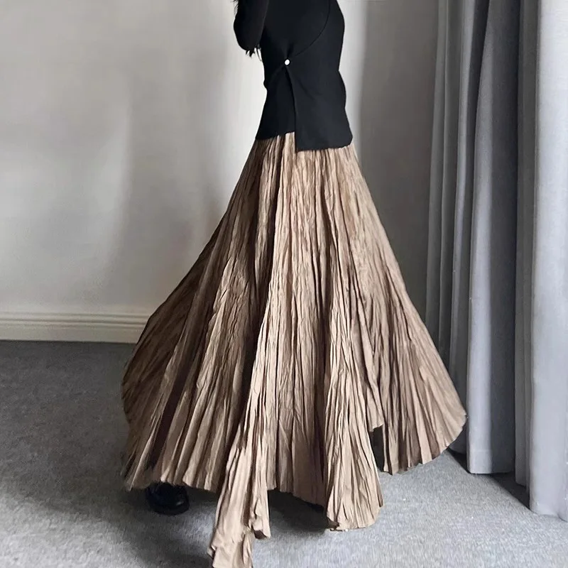 Solid Pleated Vintage Skirt Women 2025 Faldas Mujer De Moda High Waist Big Swing Jupe Fashion Korean Saia A-line Summer Skirts