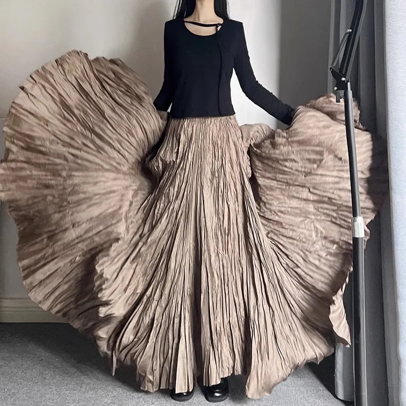 Solid Pleated Vintage Skirt Women 2025 Faldas Mujer De Moda High Waist Big Swing Jupe Fashion Korean Saia A-line Summer Skirts