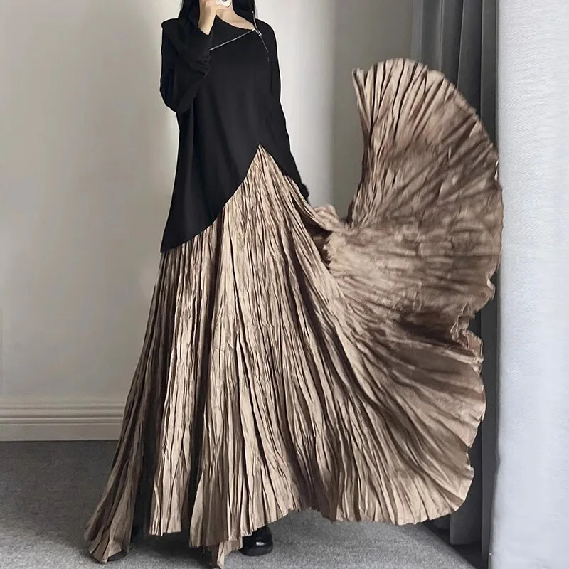Solid Pleated Vintage Skirt Women 2025 Faldas Mujer De Moda High Waist Big Swing Jupe Fashion Korean Saia A-line Summer Skirts