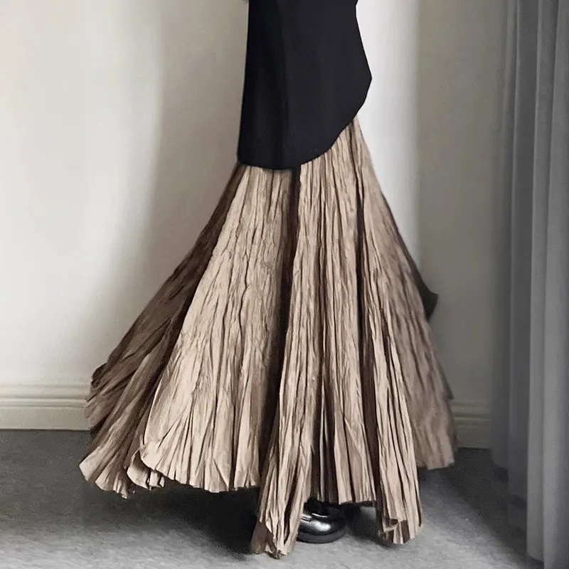 Solid Pleated Vintage Skirt Women 2025 Faldas Mujer De Moda High Waist Big Swing Jupe Fashion Korean Saia A-line Summer Skirts