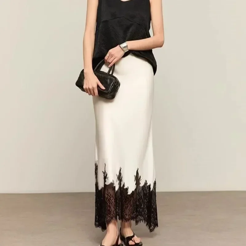 Fairy Lace-Trim Midi Skirt High Elegant Wrapped Hip Long Skirts Party 2025 Fashion Trends Summer Women Clothing