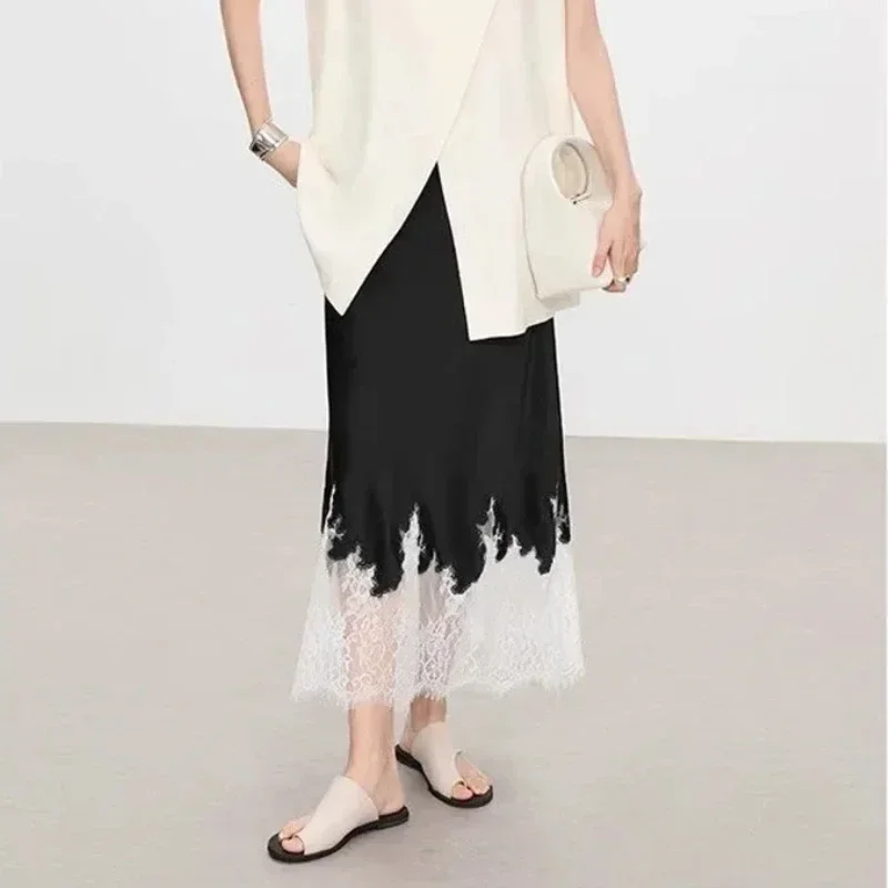Fairy Lace-Trim Midi Skirt High Elegant Wrapped Hip Long Skirts Party 2025 Fashion Trends Summer Women Clothing