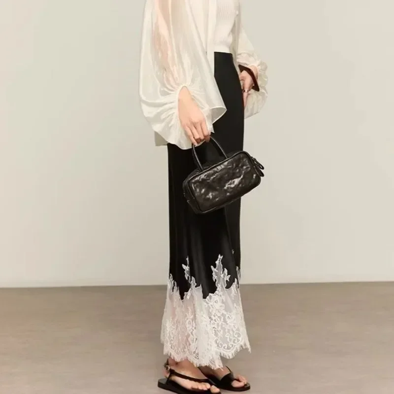Fairy Lace-Trim Midi Skirt High Elegant Wrapped Hip Long Skirts Party 2025 Fashion Trends Summer Women Clothing