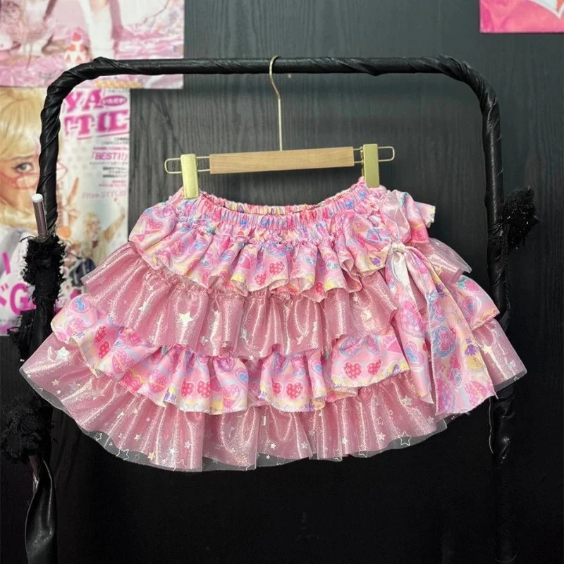 summer Japanese Kawaii Lolita Style Mini Skirt Women Sweet Cute Print Ruffles Bow Cake Skirt Girls Y2k High Waist fashion Skirts