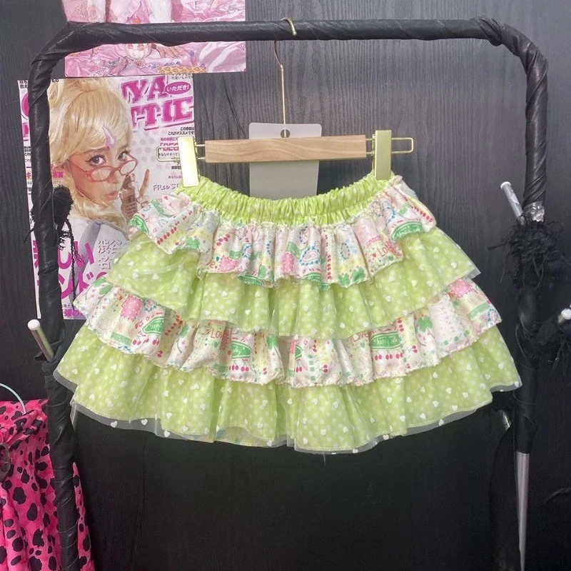 summer Japanese Kawaii Lolita Style Mini Skirt Women Sweet Cute Print Ruffles Bow Cake Skirt Girls Y2k High Waist fashion Skirts