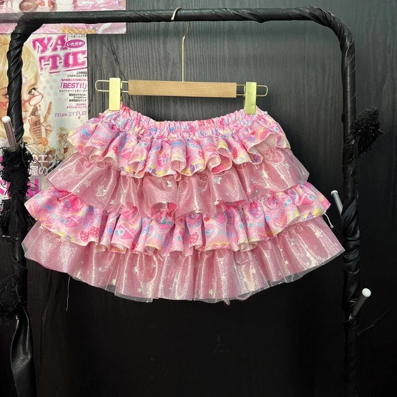 summer Japanese Kawaii Lolita Style Mini Skirt Women Sweet Cute Print Ruffles Bow Cake Skirt Girls Y2k High Waist fashion Skirts
