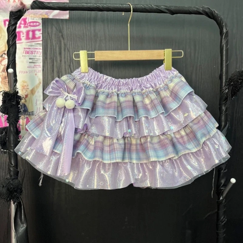summer Japanese Kawaii Lolita Style Mini Skirt Women Sweet Cute Print Ruffles Bow Cake Skirt Girls Y2k High Waist fashion Skirts