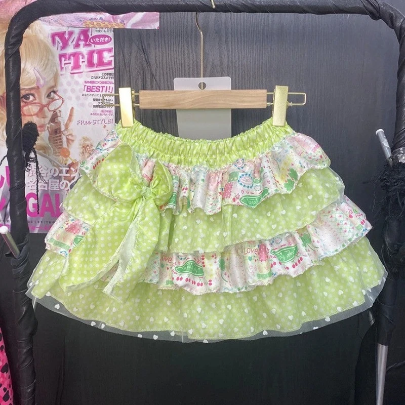 summer Japanese Kawaii Lolita Style Mini Skirt Women Sweet Cute Print Ruffles Bow Cake Skirt Girls Y2k High Waist fashion Skirts