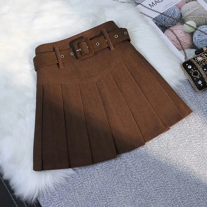 Streetwear Corduroy Pleated Skirt Women Sexy Short Skirt Autumn Winter High Waist Sashes Slim A-line Skirts Girl With Liner 2025